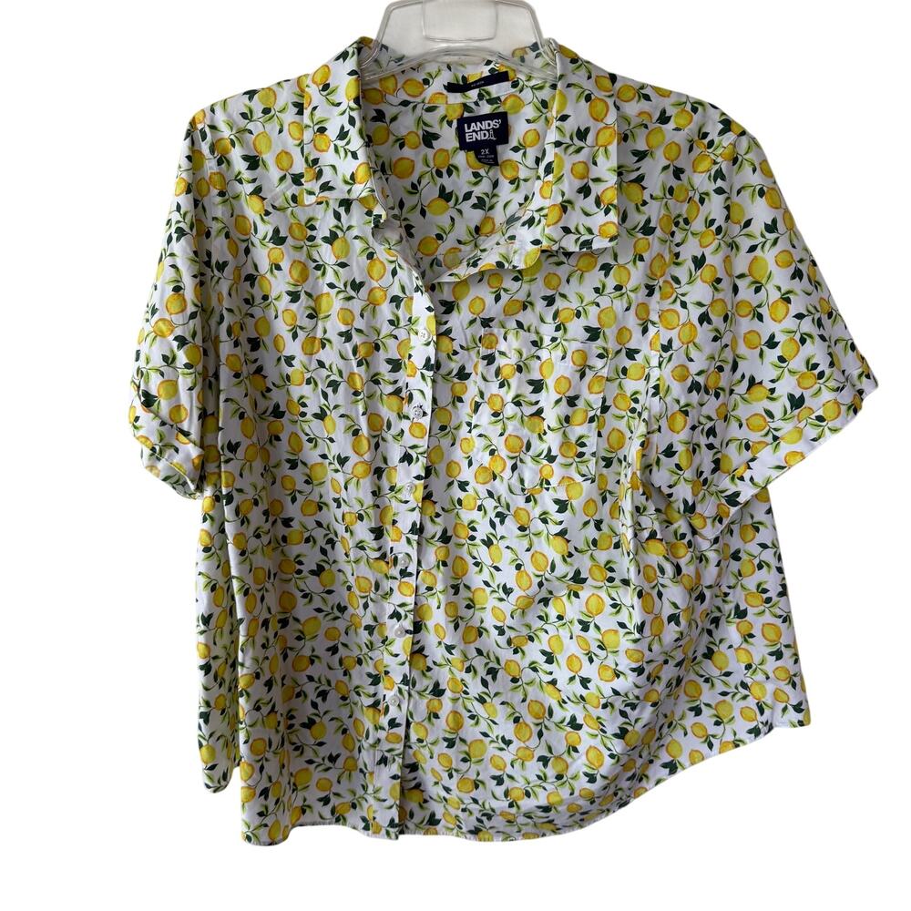 Lands' End lemon-print shirt is a women's wrinkle-free, no-iron top in size 2X